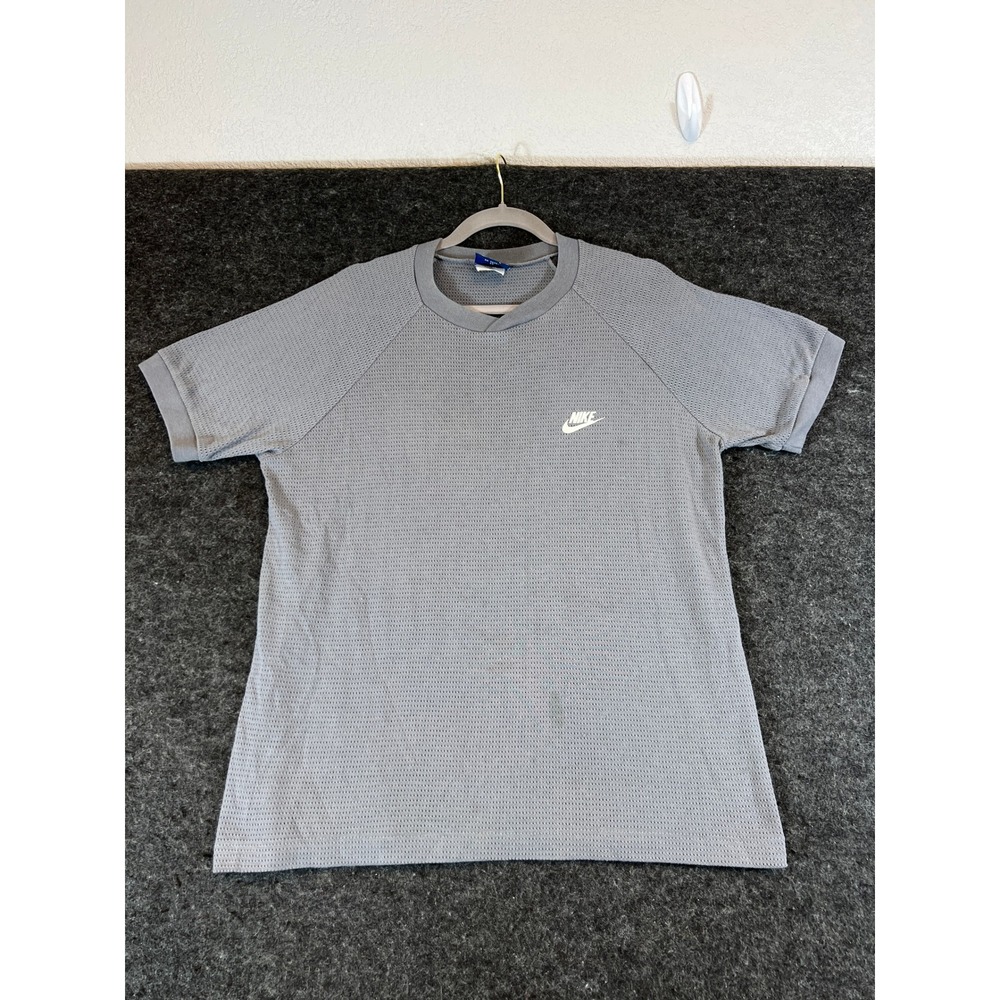 Vintage 80s Nike Mesh Jersey TShirt Gray Short Sleeve Swoosh Logo Mens Large L